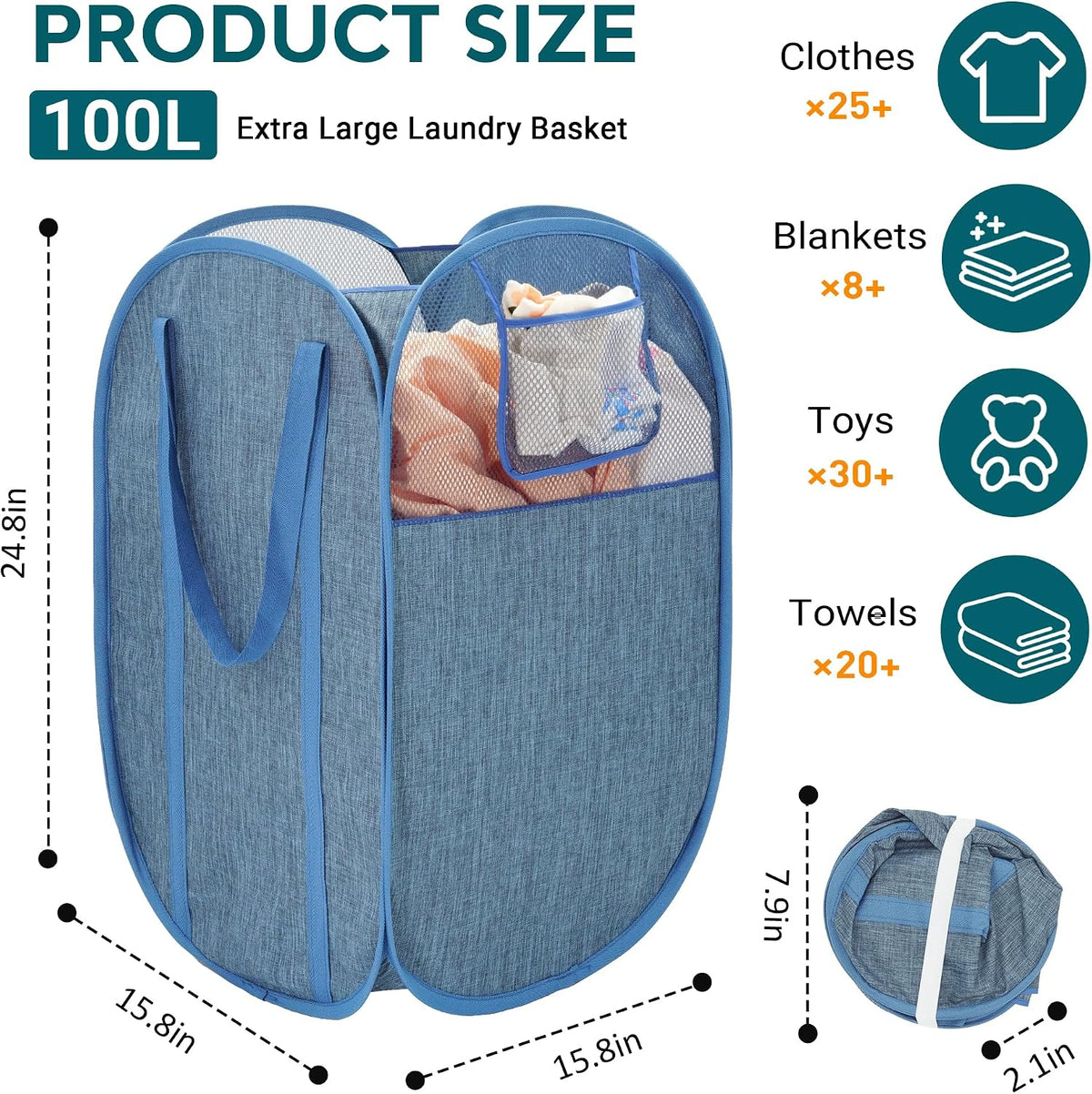 100L Collapsible Laundry Baskets, Foldable Pop Up Hamper with Pocket, Blue