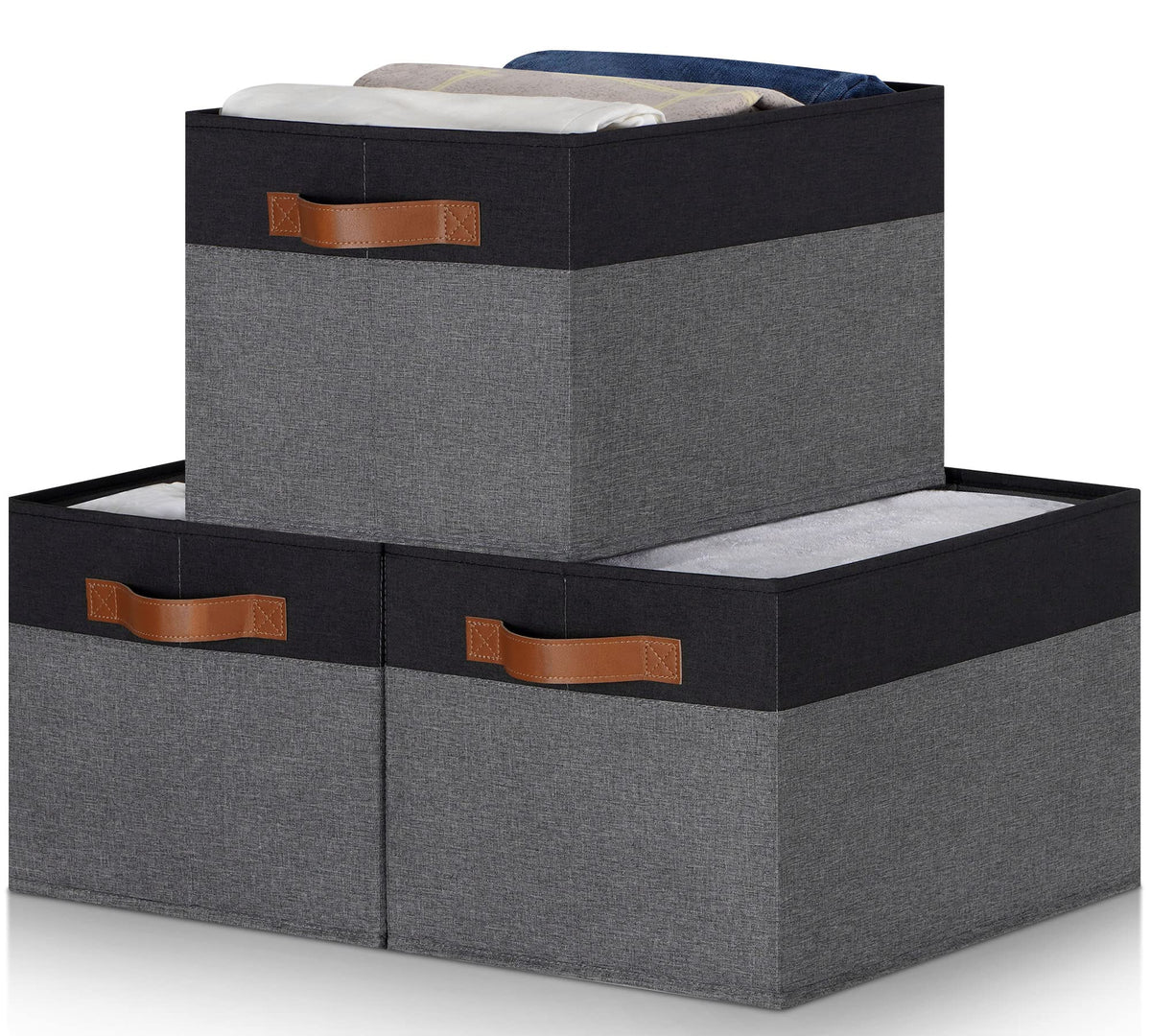 Large Storage Bins with Lids, Foldable Fabric Storage Baskets with Lids, Sturdy Storage Boxes with Labels and 3 PU Handles for Closet Home Bedroom Office (26L, 3 Packs, Grey&Black)