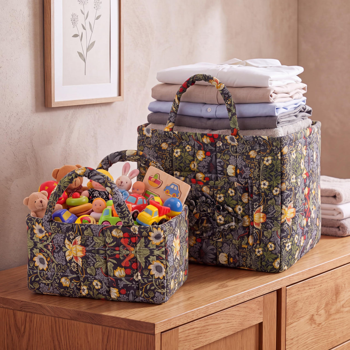 2 Pcs Quilted Fabric Storage Basket with Handles Large Capacity Laundry Basket Boho Foldable Floral Laundry Organizer Bin for Home Picnic Shopping Travel