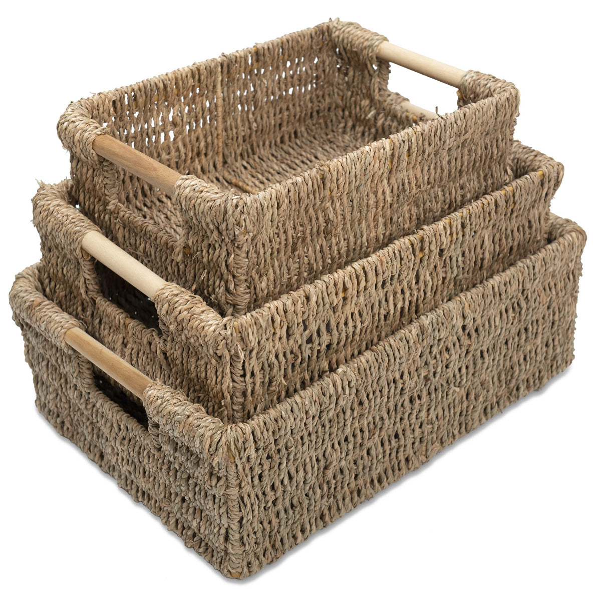 VATIMA Seagrass Baskets with Wooden Handles, Set of 3 Decorative Natural Wicker Baskets for Kitchen
