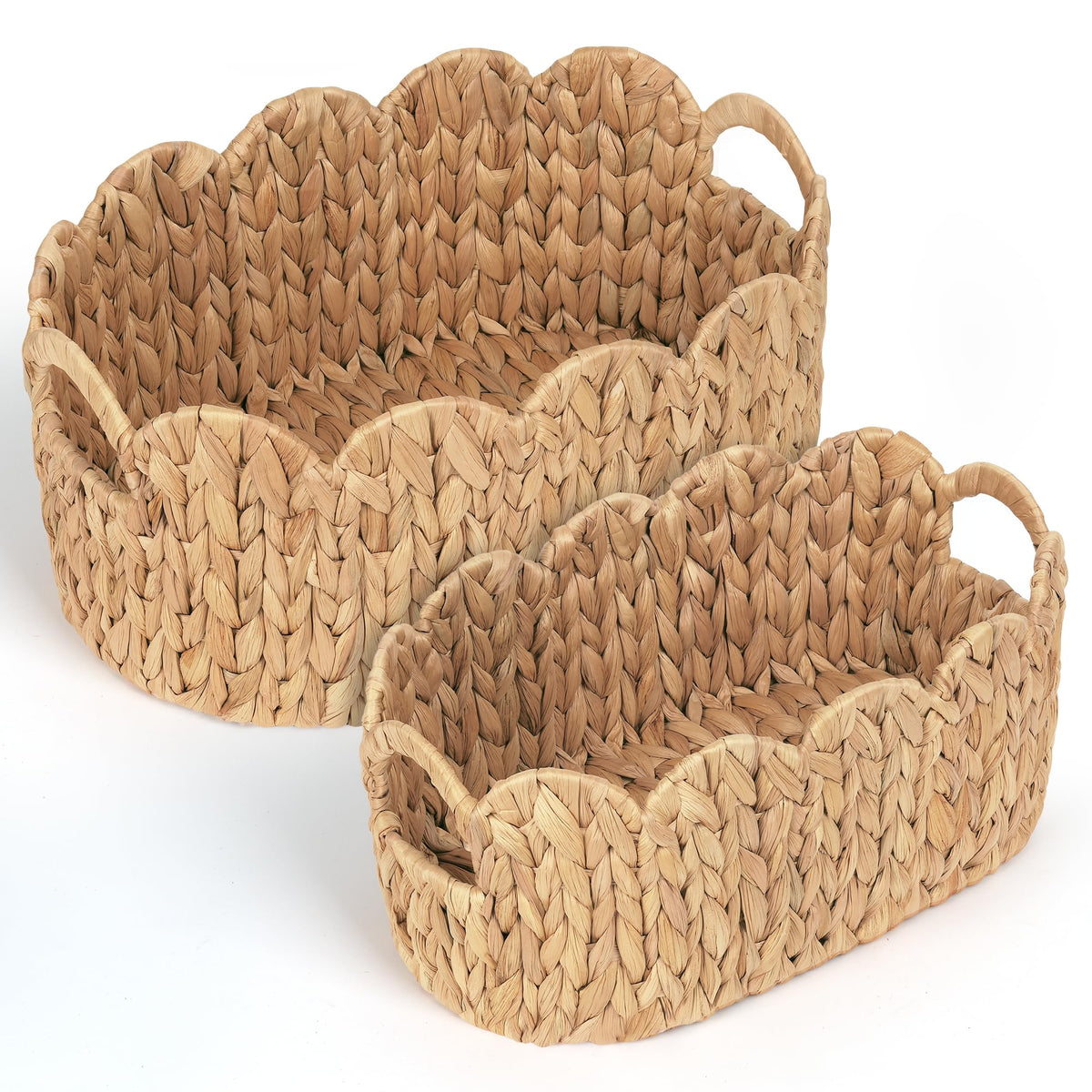 iEGrow Paper Rope Scalloped Basket, Set of 2 Woven Storage Wicker Baskets with Handle for Organizing and Shelves, Cute Boho Oval Baby Baskets for Decor, Towel, Toys, Nursery, Book, Gift Natural