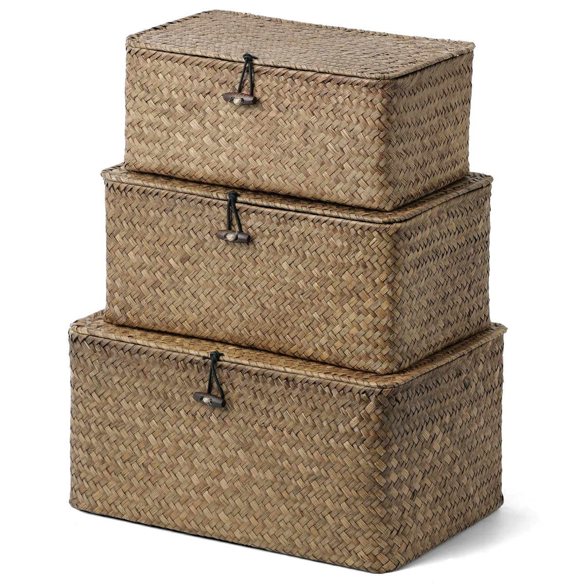 Nonam Wicker Storage Basket with Lid,Seagrass Shelf Basket Set of 3,Nautral