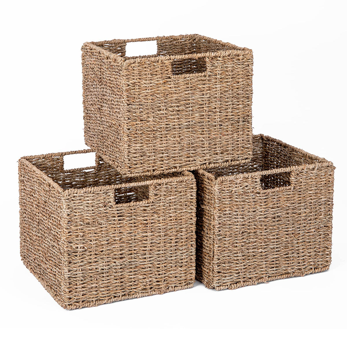 12x12x10in Water Hyacinth Storage Basket Large, Folding Cube Woven Wicker Storage Basket for Shelves, Pantry Baskets Organization and Storage, Kitchen Storage Baskets, Large Rattan Basket Set of 3