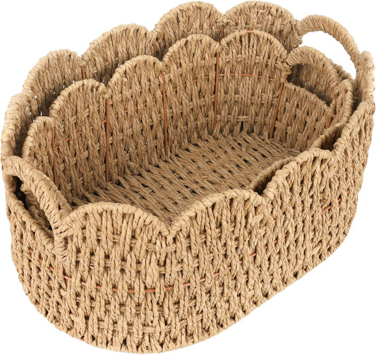 iEGrow Paper Rope Scalloped Basket, Set of 2 Woven Storage Wicker Baskets with Handle for Organizing and Shelves, Cute Boho Oval Baby Baskets for Decor, Towel, Toys, Nursery, Book, Gift Natural