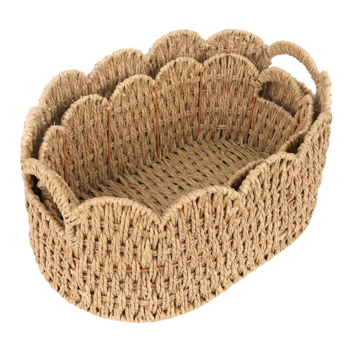 iEGrow Scalloped Wicker Basket, Set of 2 Woven Rattan Natural Water Hyacinth Baskets with Built-in Handles, Rectangle Storage Baskets for Organizing, Decor, Shelf and Nursery Room