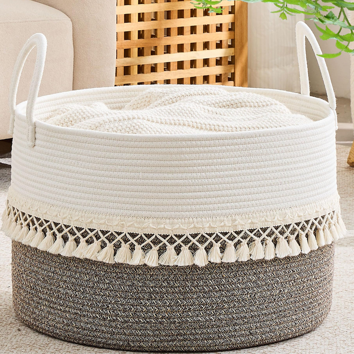 KAKAMAY Large Blanket Basket with Handles, Storage Basket for Living Room