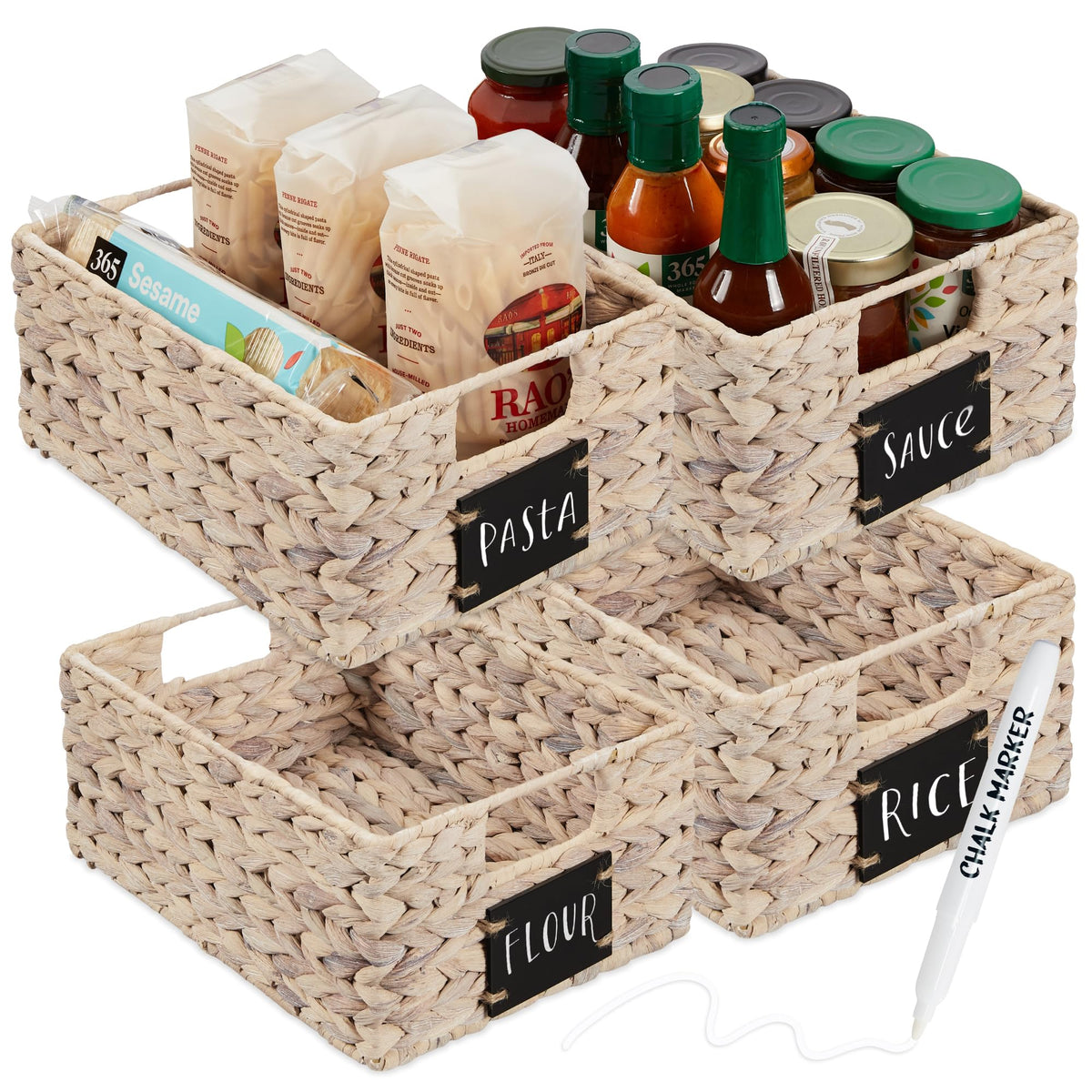 Best Choice Products Set of 4 9x12in Water Hyacinth Pantry Baskets, Woven Organizers w/Chalkboard Label, Chalk Marker - Natural