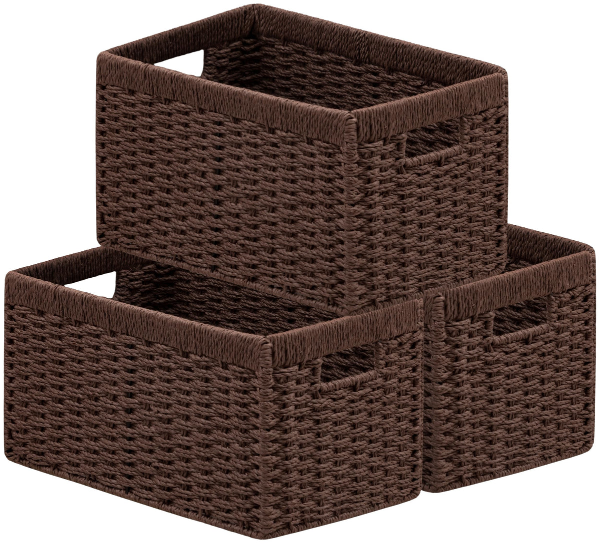 UBBCARE 2 Pack Wicker Basket, 13.4L×8.3H×7.1W inch Woven Paper Rope Storage Baskets for Shelves, Foldable Rectangular Storage Baskets with Handle, Storage Basket for Organizing, Dark Brown