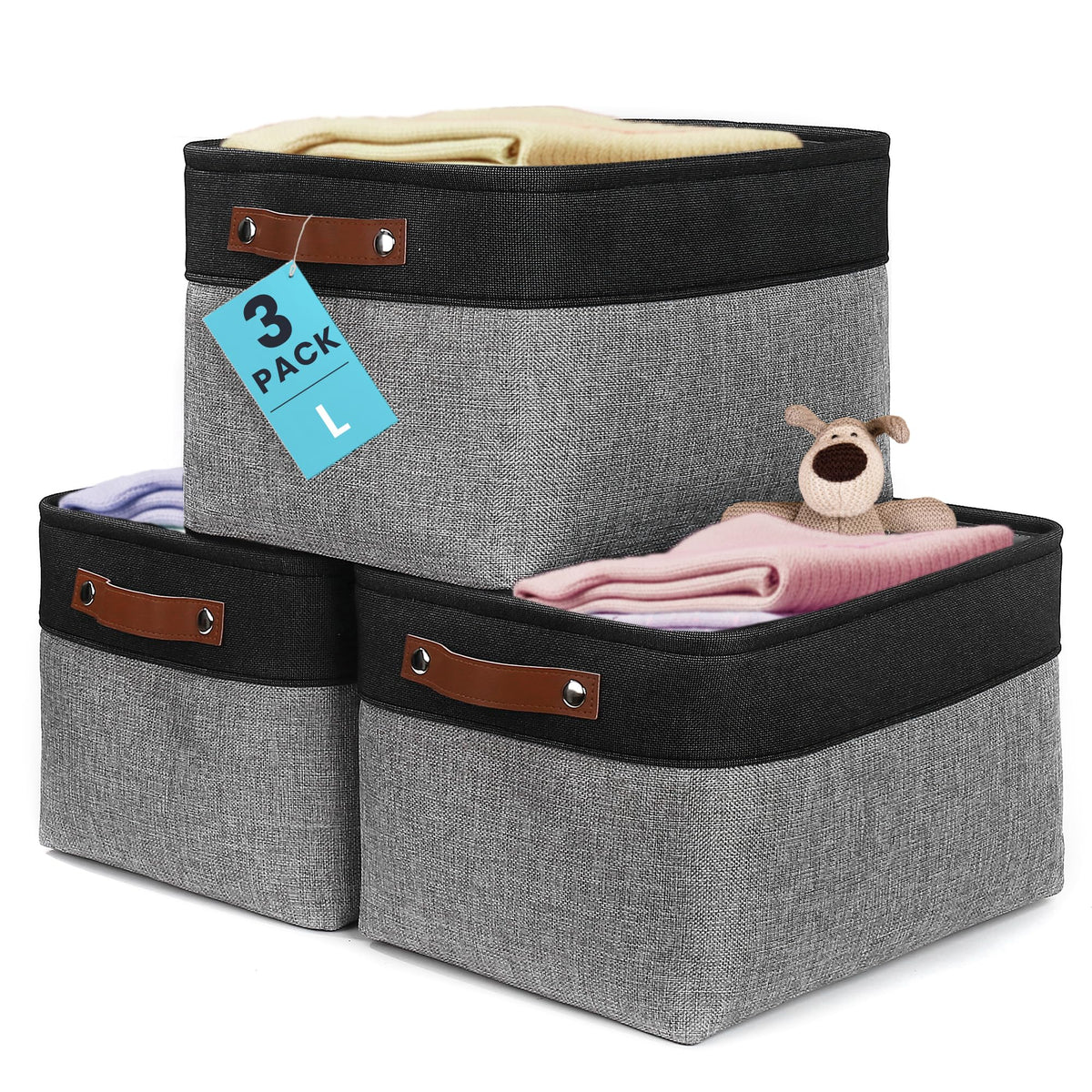 OrganiHaus 12x8in Canvas Storage Baskets, 3 Pack - Fabric Bins for Shelves