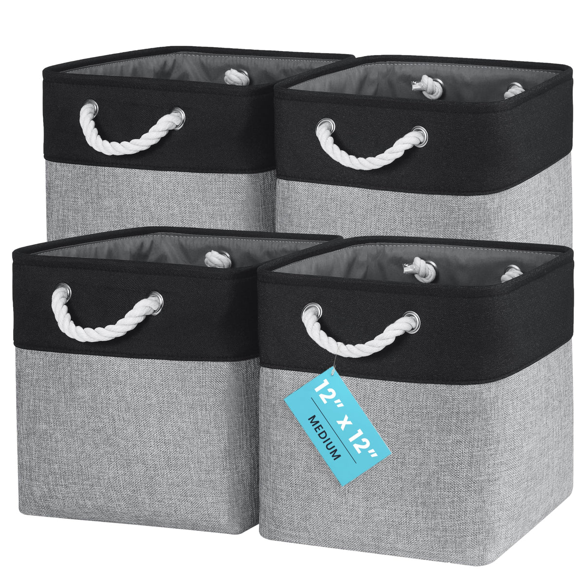 OrganiHaus 11x11 Cube Storage Bins, 4-Pack Fabric Cubes, Rope Handles