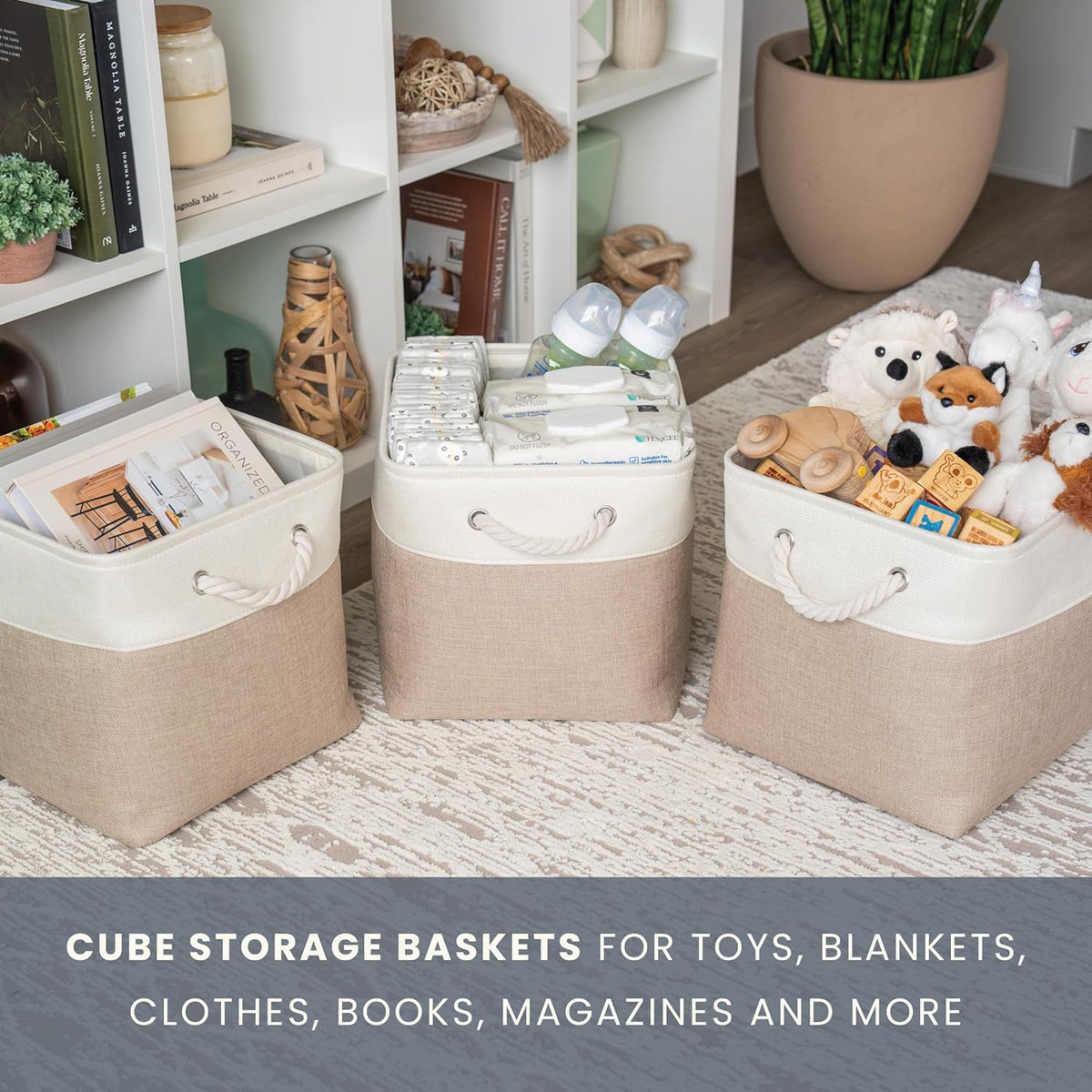 OrganiHaus 11x11 Cube Storage Bins, 4-Pack Fabric Cubes, Rope Handles
