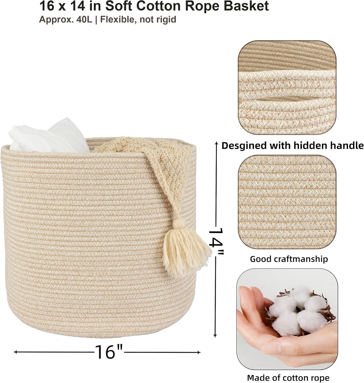 XUANGUO Cotton Rope Basket For Girls Boys Kids 16”X14”