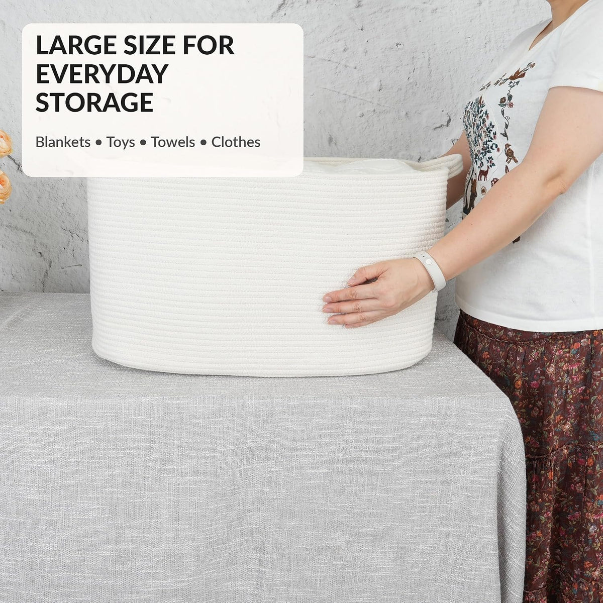 XUANGUO Large Rectangle Woven Cotton Rope Blanket Basket 22"x17"x12" White