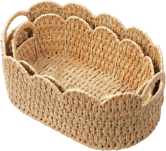 Coeusy Paper Rope Scalloped Basket Set of 2, Wicker Storage Baskets for Shelves,Gifts,Books,Toys,Cute Decor Rattan Baskets for Organizing,Natural Color