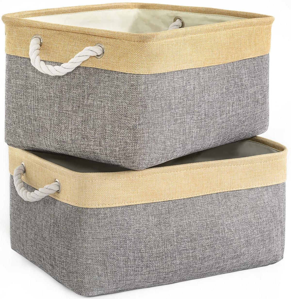 TheWarmHome Storage Basket for Organizing - 14x10x7 inch Medium 3 Pack Collapsible Storage Bin for Shelves with Handles, Canves Storage Box for Organizer Cubes Cloth Gift Toy Closet (White & Khaki)