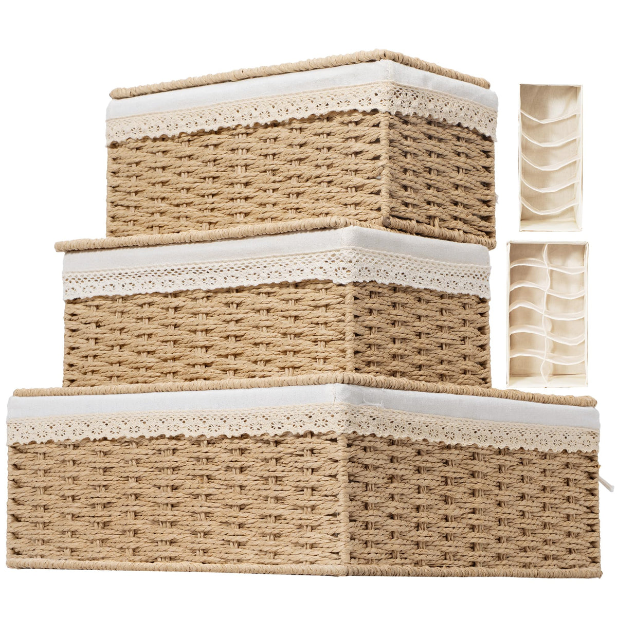 Nonam Wicker Storage Basket with Lid,Seagrass Shelf Basket Set of 3,Nautral