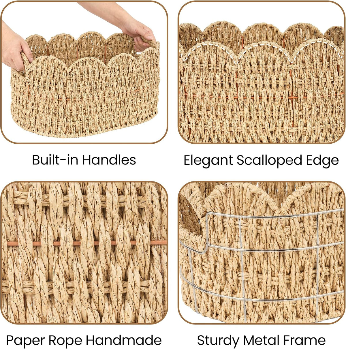 iEGrow Paper Rope Scalloped Basket, Set of 2 Woven Storage Wicker Baskets with Handle for Organizing and Shelves, Cute Boho Oval Baby Baskets for Decor, Towel, Toys, Nursery, Book, Gift Natural