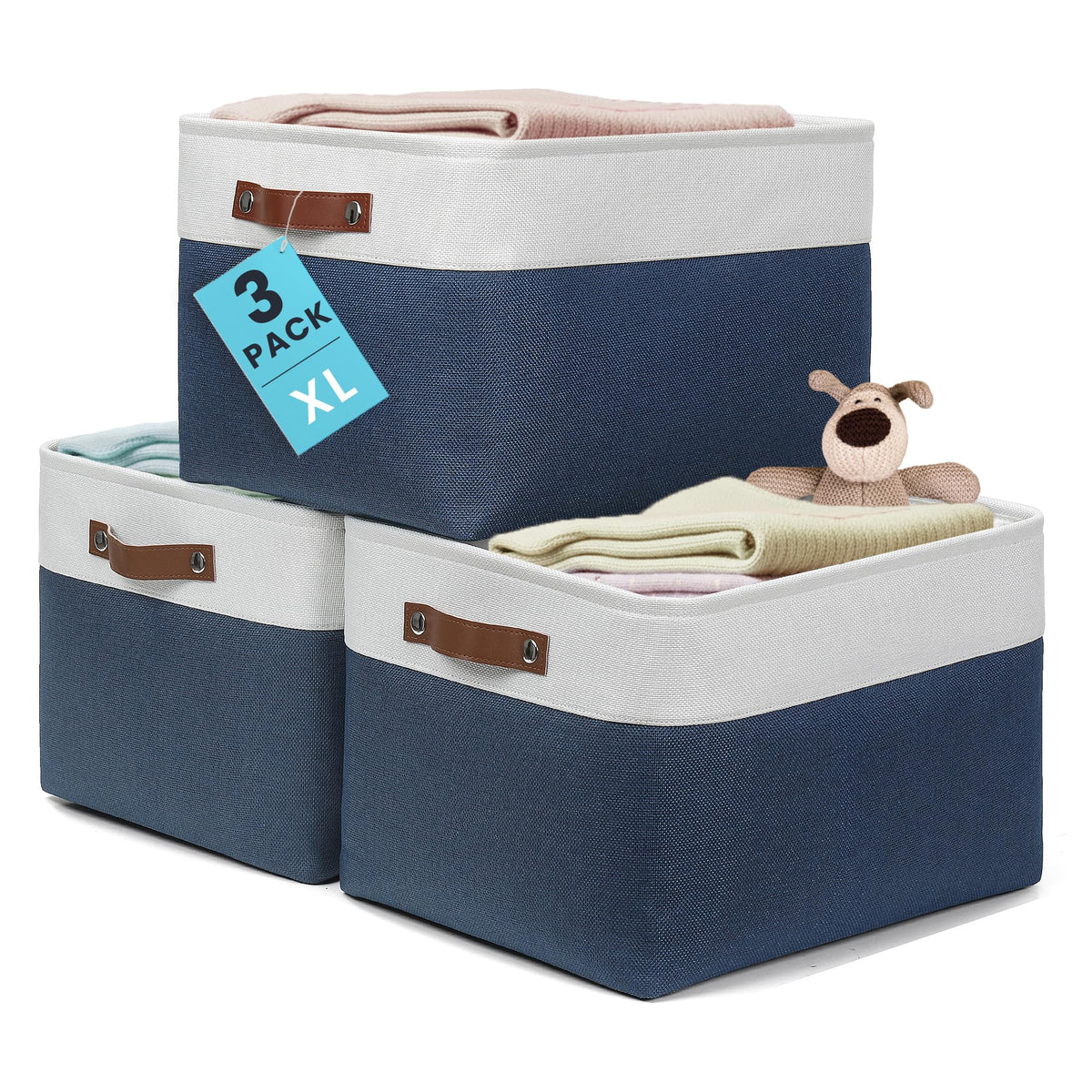 OrganiHaus 12x8in Canvas Storage Baskets, 3 Pack - Fabric Bins for Shelves