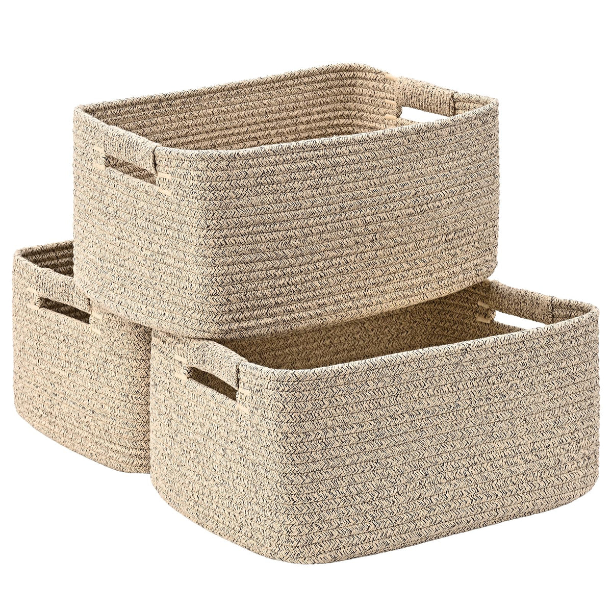 2 Pack Large Storage Basket for Organizing, 17.5"x13"x7" Woven Basket for Shelves, Closet Cube Storage Bins with Wrapped Handle, Cotton Rope Baskets for Kitchen, Clothes, Toys(Off White & Brown)