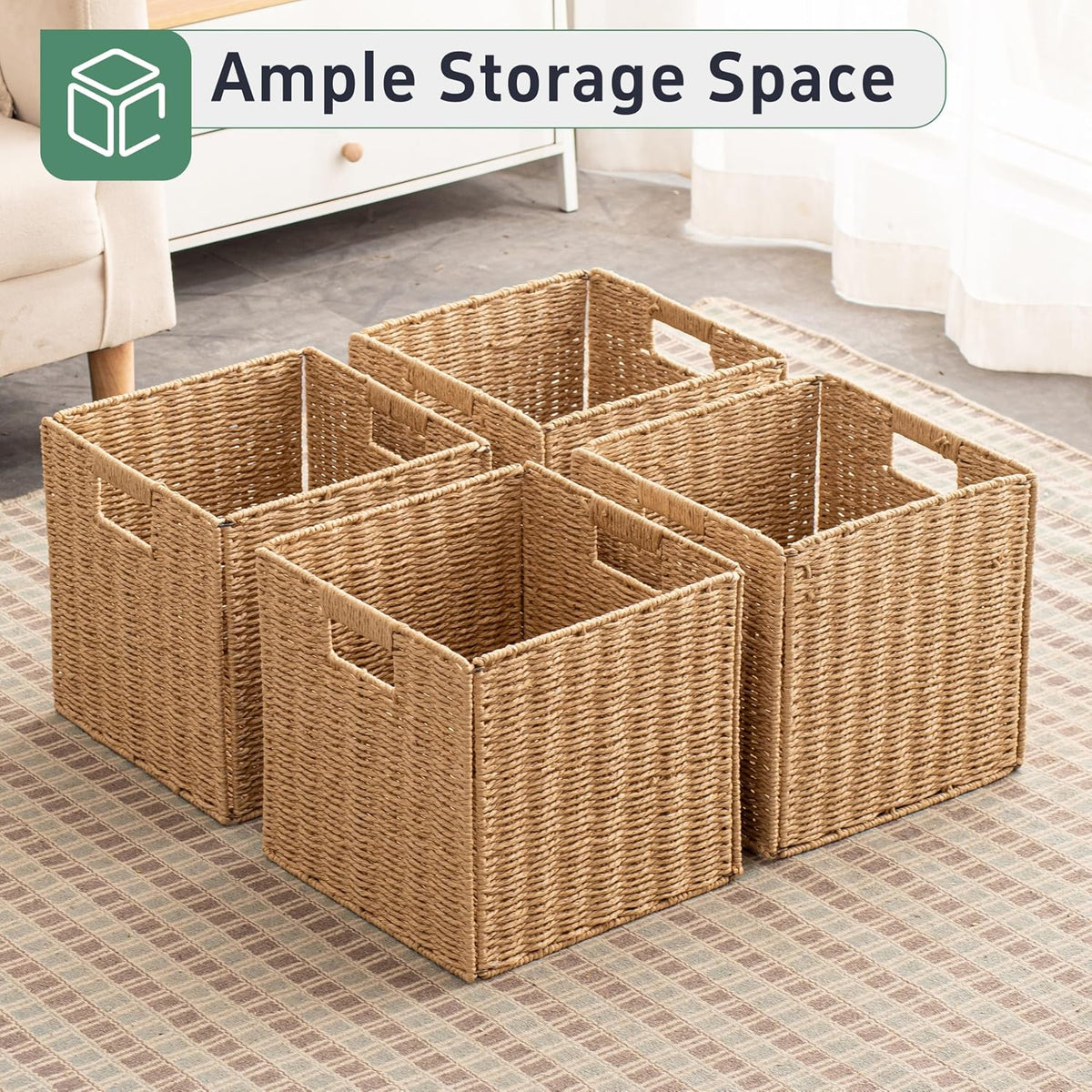 11x11x11 Cube Storage Bins Set of 4, Paper Rope Hand Woven Storage Basket with Handles, Collapsible Square Storage Cubes for Shelves, Wicker Shelf Baskets for Living Room Bedroom Organizing, Natural