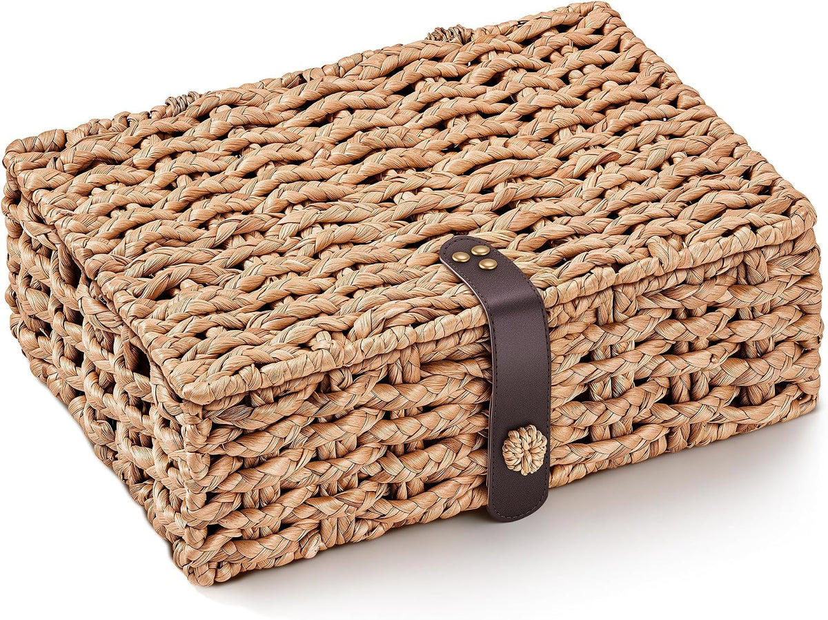 JARLINK Decorative Box with Lid, Handwoven Water Hyacinth Wicker Woven Box
