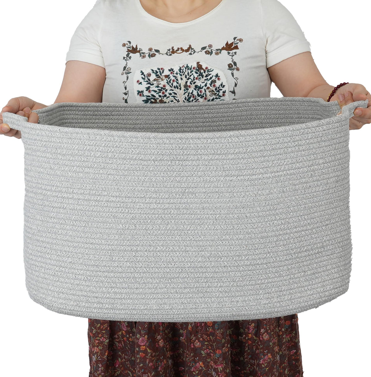 XUANGUO Large Rectangle Woven Cotton Rope Blanket Basket 22"x17"x12" White