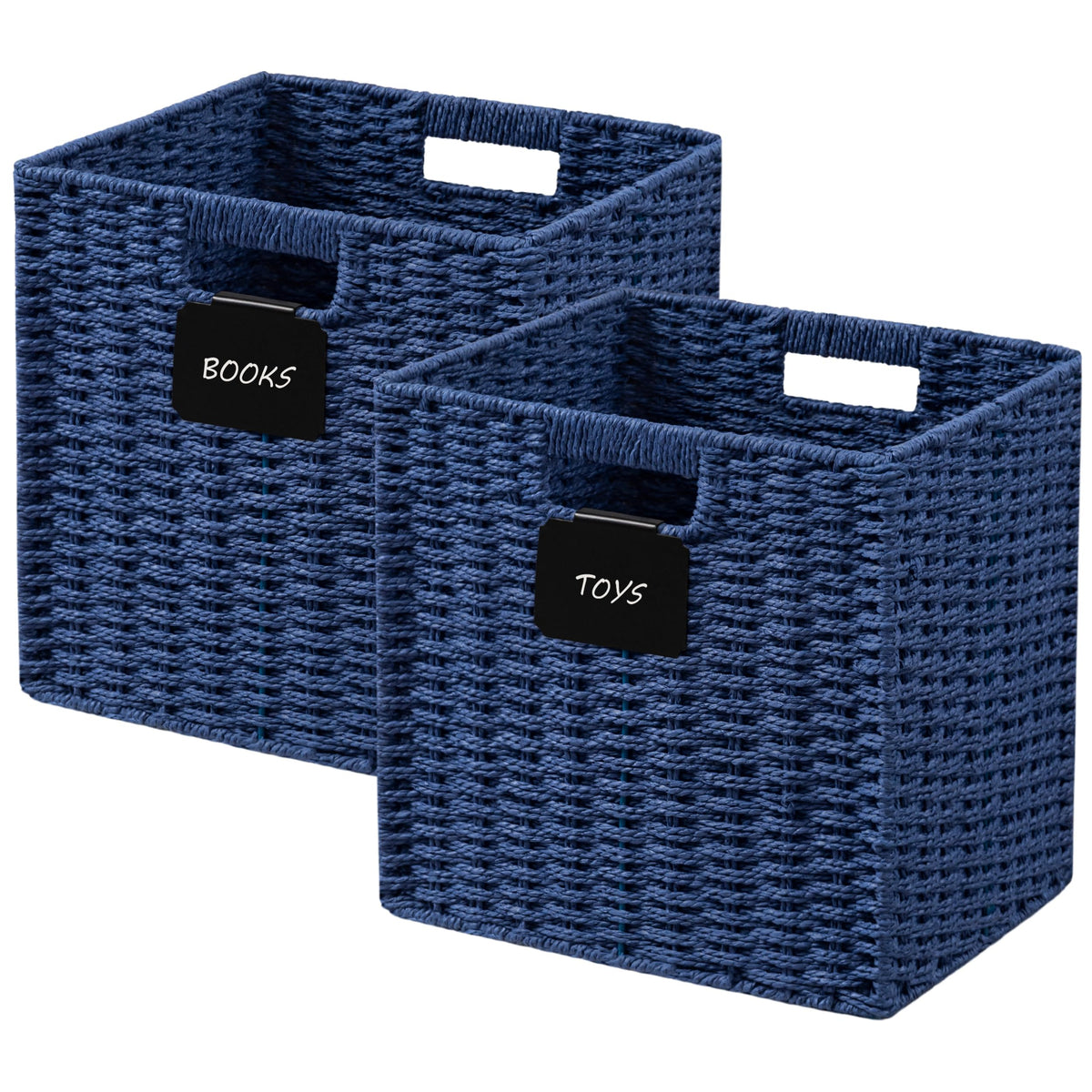 UBBCARE 2 Pack Wicker Basket, 10.5×10.5 Storage Cubes with Label, Foldable Cube Storage Bin with Handle, Square Storage Basket for Shelves, Woven Paper Rope Basket for Organizing, Black
