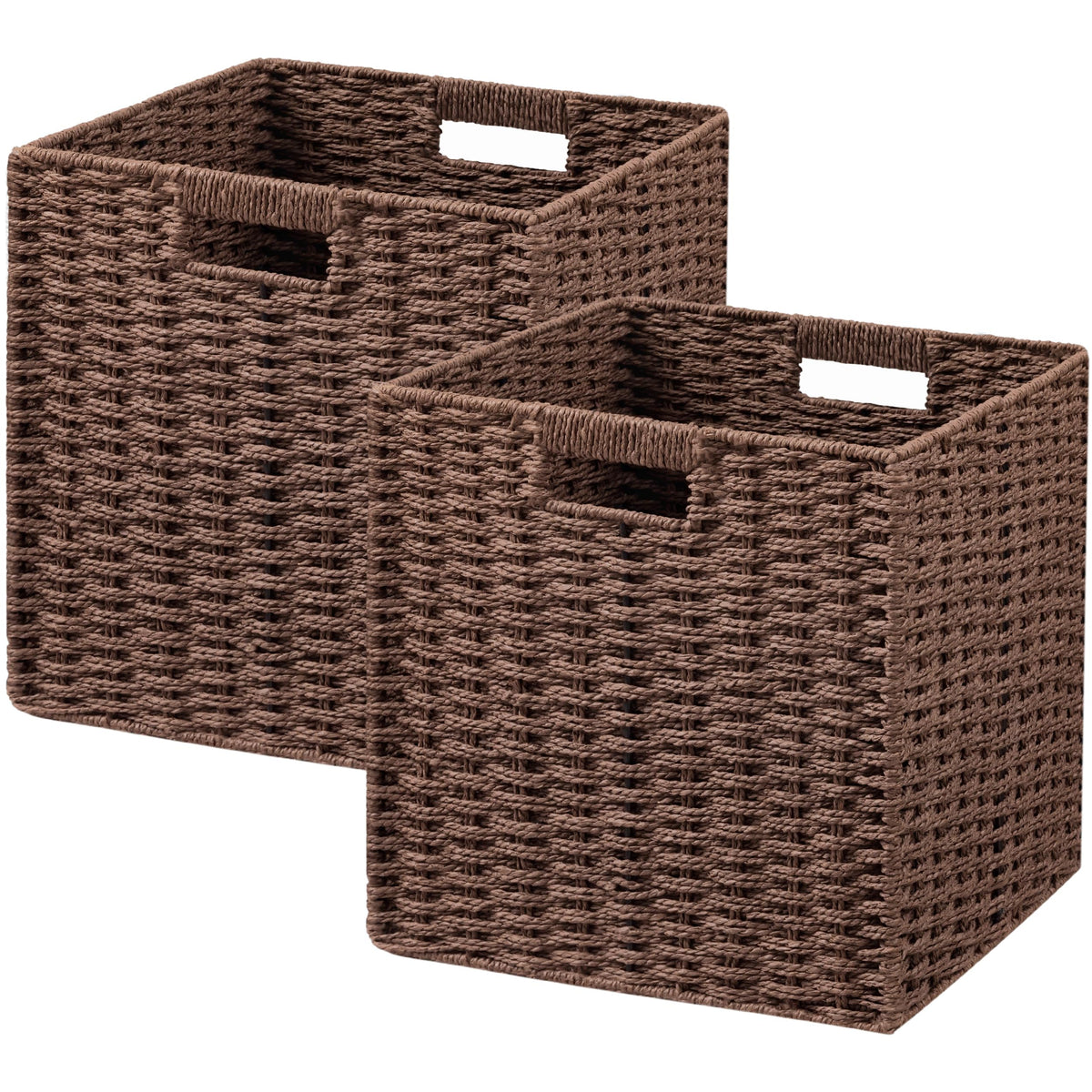UBBCARE 2 Pack Wicker Basket, 13.4L×8.3H×7.1W inch Woven Paper Rope Storage Baskets for Shelves, Foldable Rectangular Storage Baskets with Handle, Storage Basket for Organizing, Dark Brown