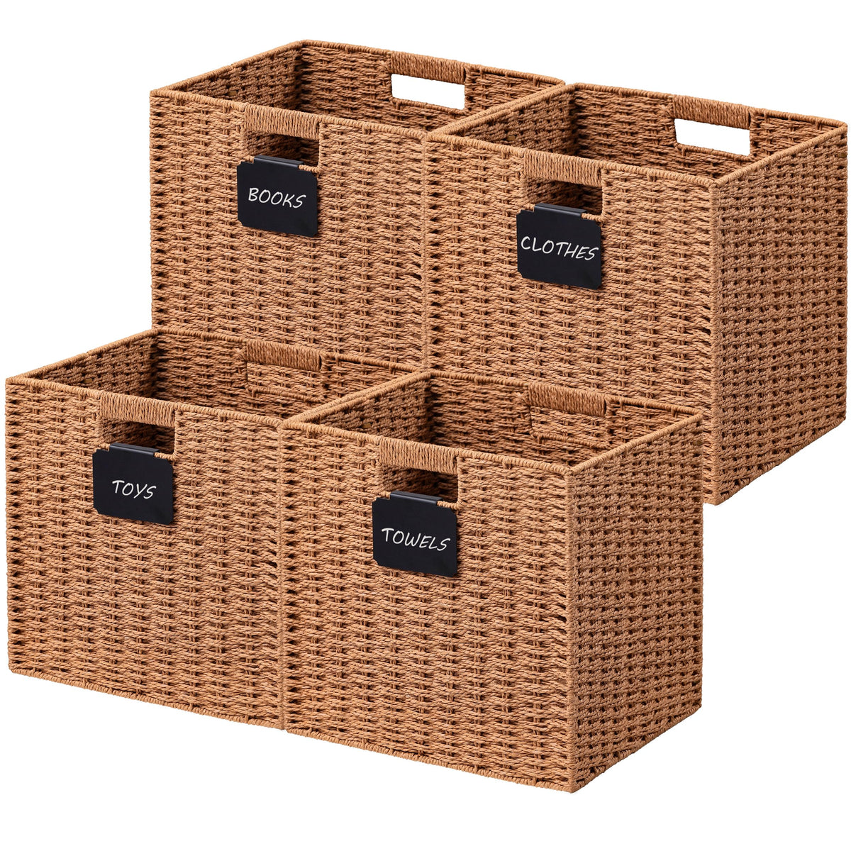 UBBCARE 2 Pack Wicker Basket, 10.5×10.5 Storage Cubes with Label, Foldable Cube Storage Bin with Handle, Square Storage Basket for Shelves, Woven Paper Rope Basket for Organizing, Black