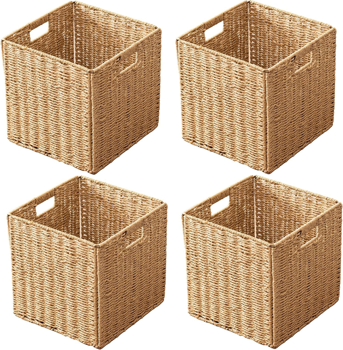 11x11x11 Cube Storage Bins Set of 4, Paper Rope Hand Woven Storage Basket with Handles, Collapsible Square Storage Cubes for Shelves, Wicker Shelf Baskets for Living Room Bedroom Organizing, Natural