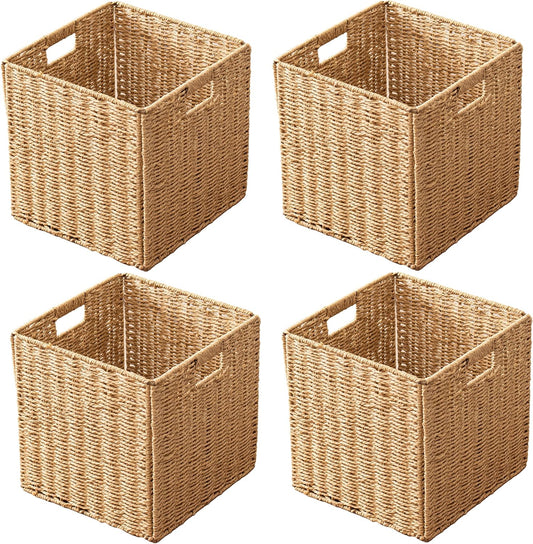 11x11x11 Cube Storage Bins Set of 4, Paper Rope Hand Woven Storage Basket with Handles, Collapsible Square Storage Cubes for Shelves, Wicker Shelf Baskets for Living Room Bedroom Organizing, Natural