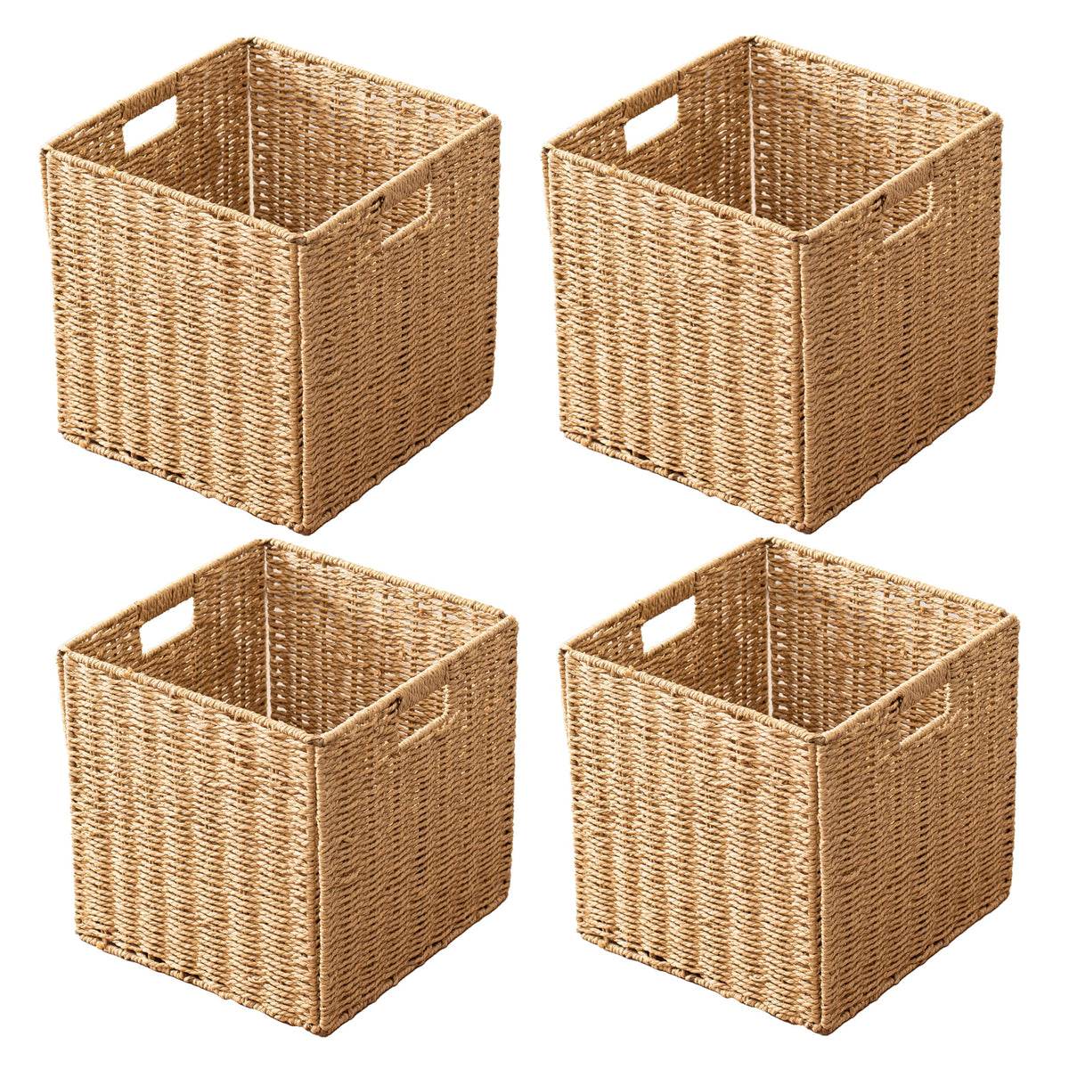 11x11x11 Cube Storage Bins Set of 4, Paper Rope Hand Woven Storage Basket with Handles, Collapsible Square Storage Cubes for Shelves, Wicker Shelf Baskets for Living Room Bedroom Organizing, Natural