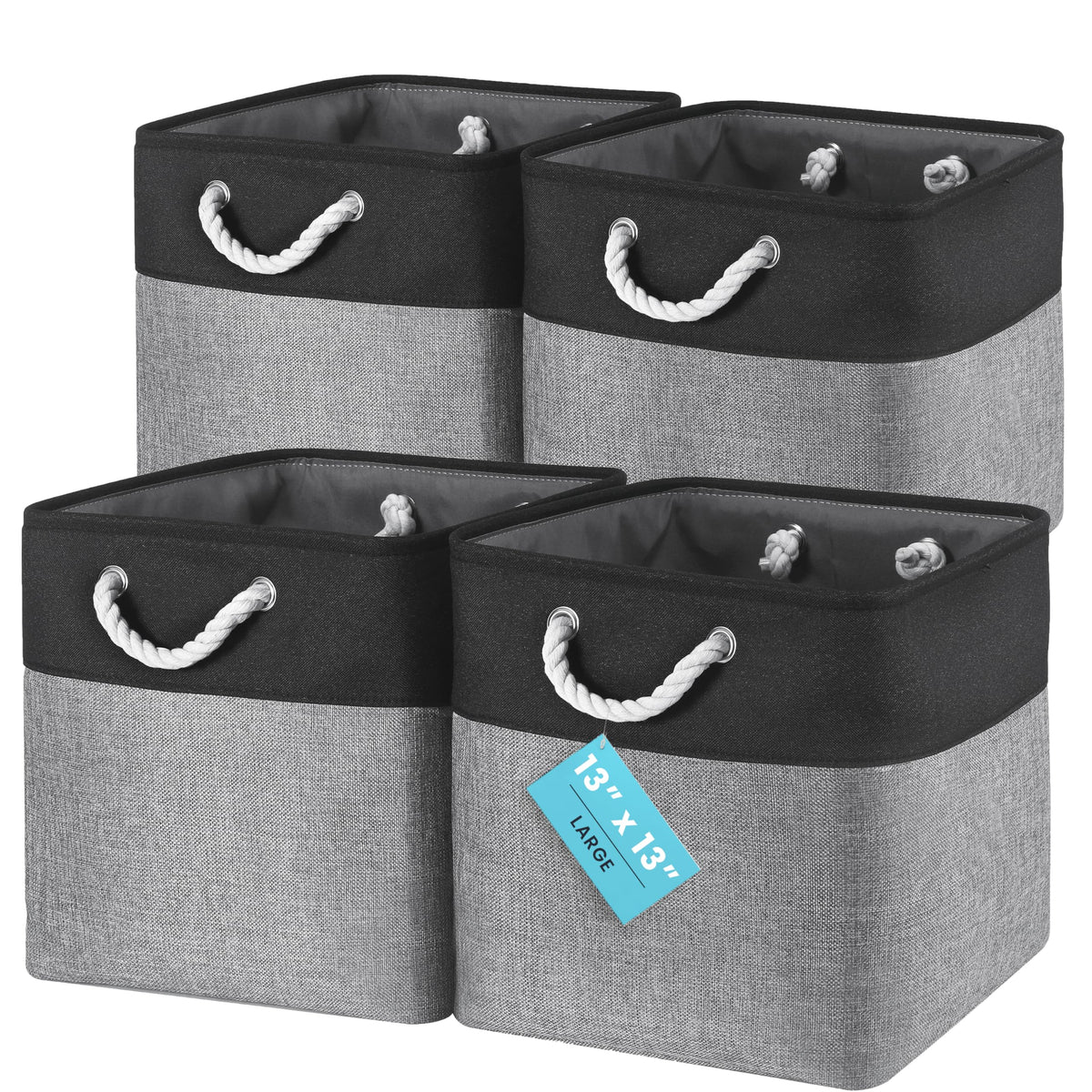 OrganiHaus 11x11 Cube Storage Bins, 4-Pack Fabric Cubes, Rope Handles
